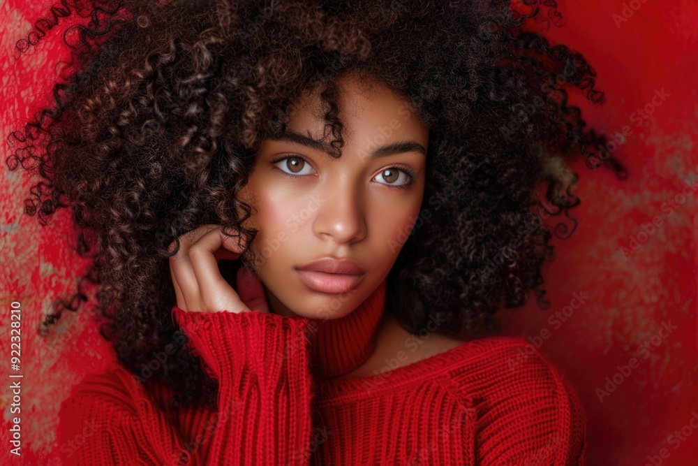 Curly Hair Holiday. African American Girl in Chic Casual Attire Posing in Studio Curly Hair Holiday. African American Girl in Chic Casual Attire Posing in Studio