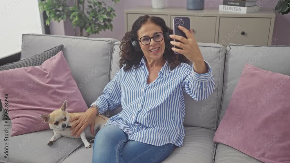 A middle-aged woman takes a selfie with her chihuahua on a cozy sofa indoors, depicting relaxation and companionship. A middle-aged woman takes a selfie with her chihuahua on a cozy sofa indoors, depicting relaxation and companionship.
