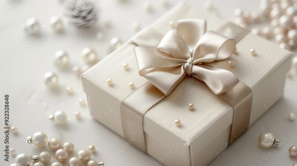 Elegant white gift box adorned with a satin ribbon and decorative pearls on a light background Elegant white gift box adorned with a satin ribbon and decorative pearls on a light background