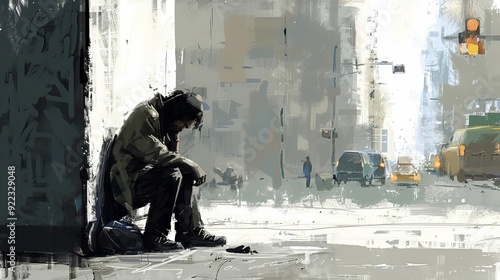 A detailed sketch of a person begging on the street, muted colors, high detail, realistic photo