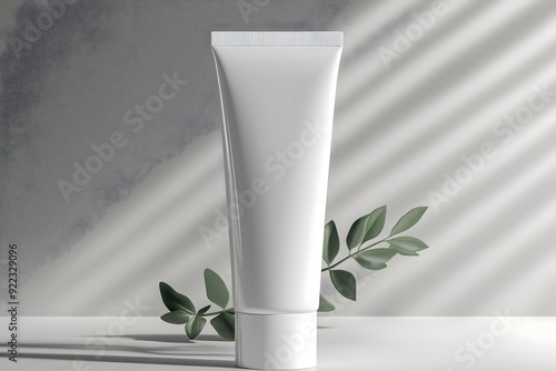 White tube isolated product presentation mockup with copy space. Shadows and green leaves. photo