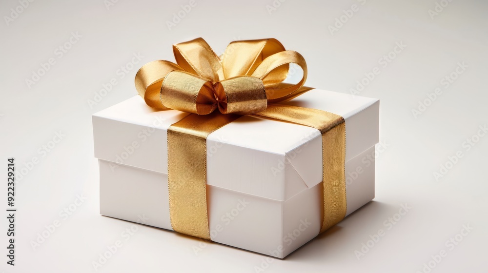 A neatly wrapped white gift box with a gold ribbon sits on a plain background A neatly wrapped white gift box with a gold ribbon sits on a plain background