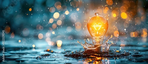 Creative concept of light bulb in water splash with bokeh effect, symbolizing innovation and energy amidst dynamic surroundings.