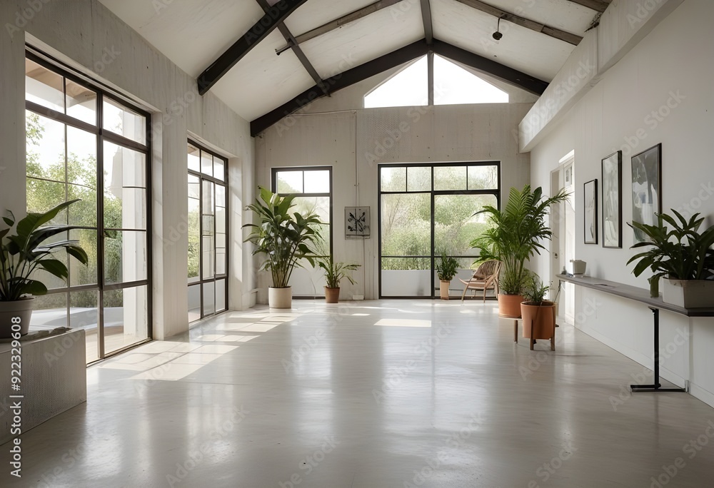 Obraz premium an empty room with plants and windows.