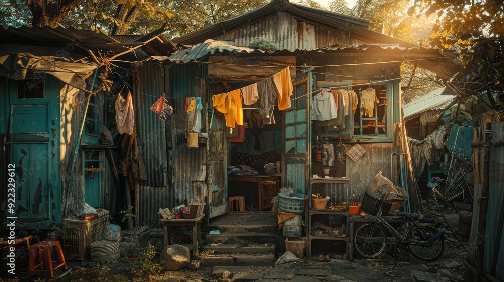 A family living in a makeshift home made from scrap materials, muted colors, realistic, high detail A family living in a makeshift home made from scrap materials, muted colors, realistic, high detail