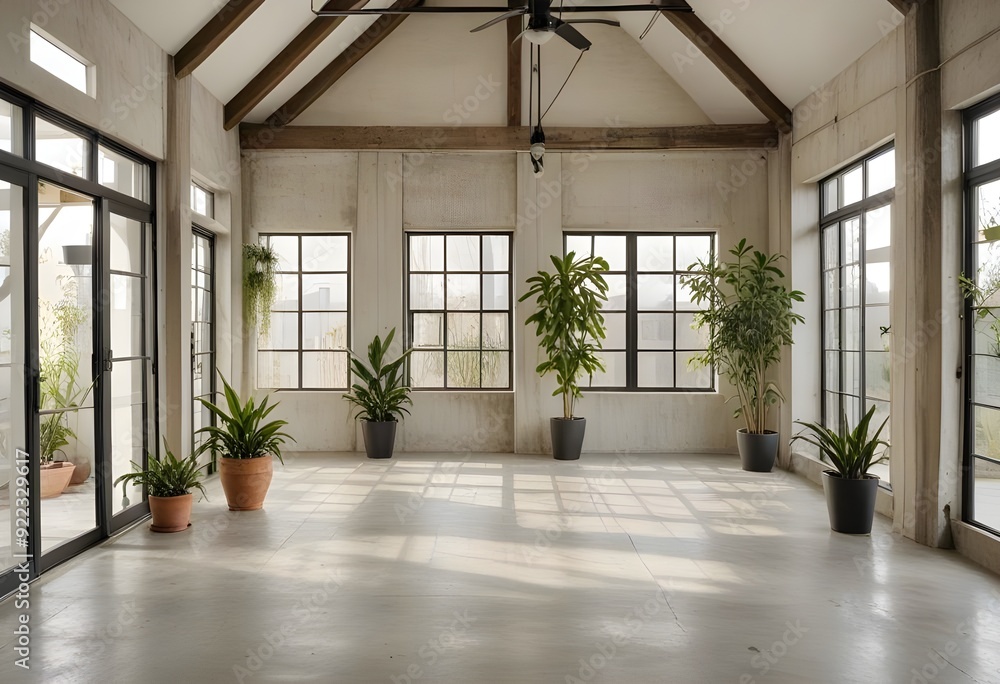 Obraz premium an empty room with plants and windows.