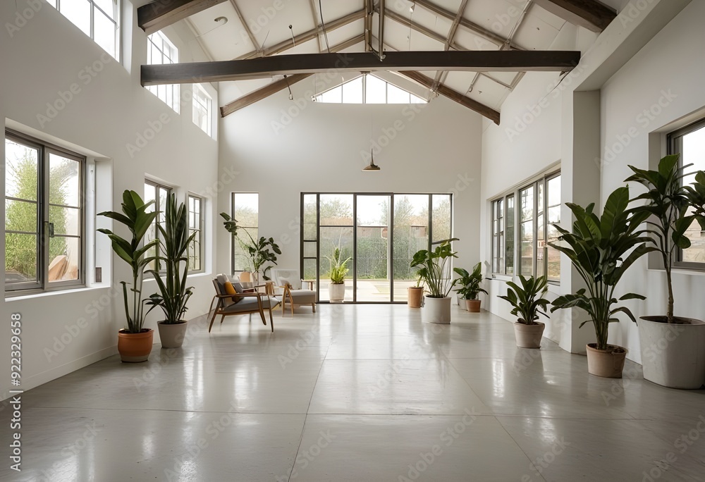 Obraz premium an empty room with plants and windows.