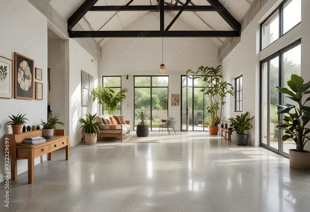 Obraz premium an empty room with plants and windows.