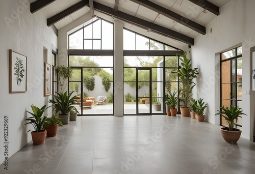 an empty room with plants and windows.