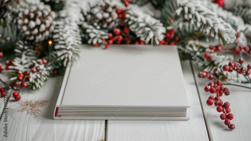 Fototapeta premium Blank book placed on white wooden table surrounded by pine branches and red berries during winter