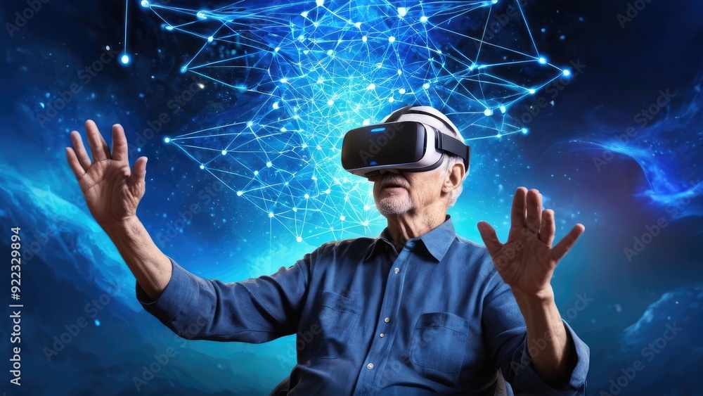 Engaged in a captivating virtual reality experience, an elderly man discovers the immersive power of modern technology, illustrating the intersection of age and innovation Engaged in a captivating virtual reality experience, an elderly man discovers the immersive power of modern technology, illustrating the intersection of age and innovation