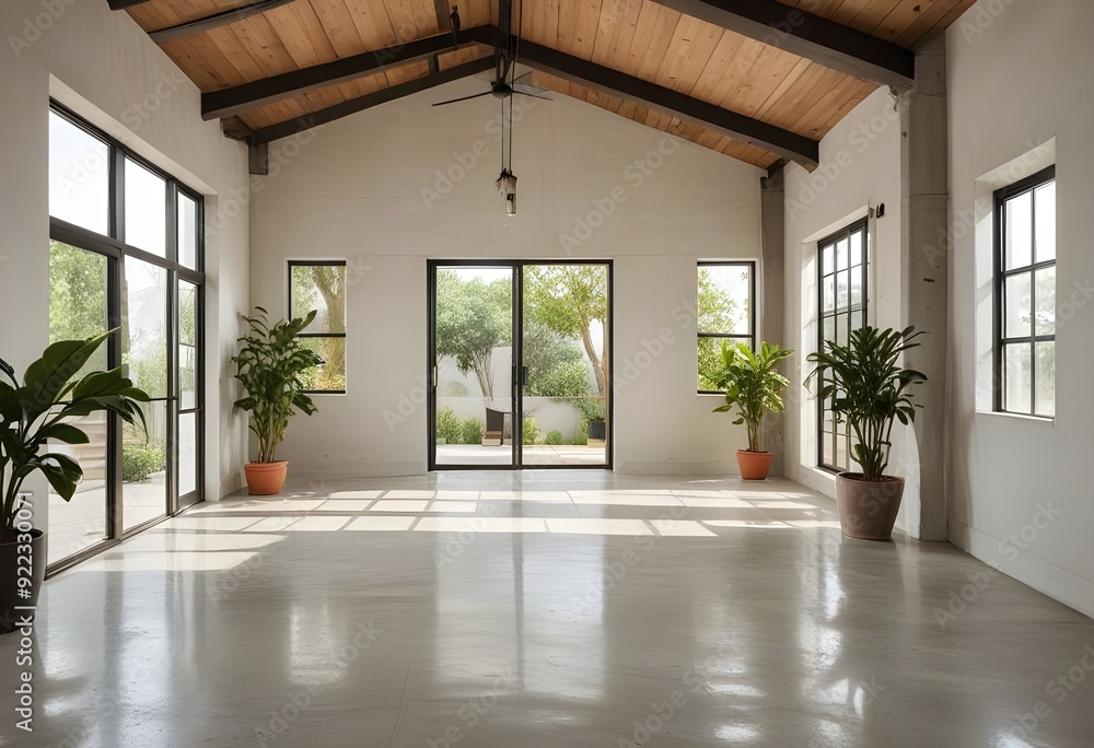 Obraz premium an empty room with plants and windows.