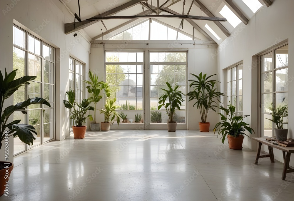 Obraz premium an empty room with plants and windows.