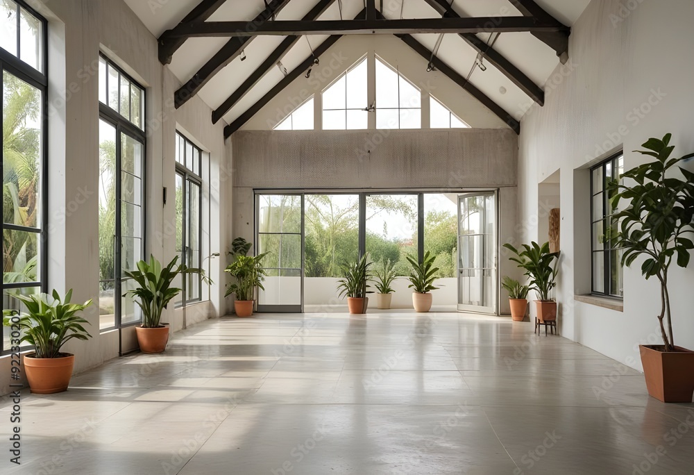 Fototapeta premium an empty room with plants and windows.