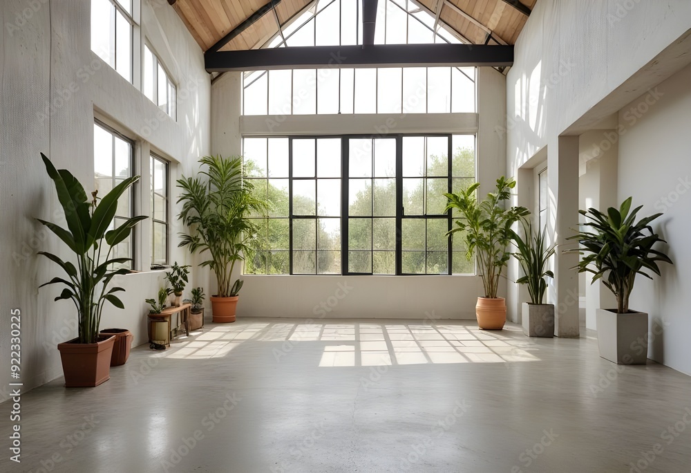Fototapeta premium an empty room with plants and windows.
