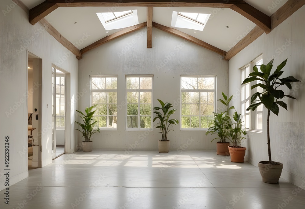 Obraz premium an empty room with plants and windows.