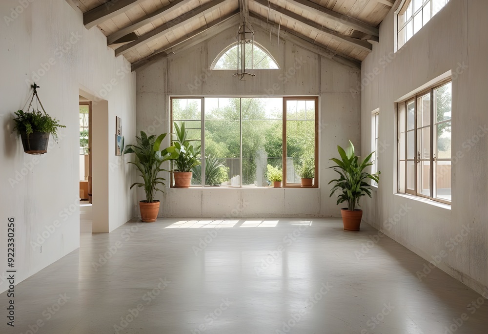 Obraz premium an empty room with plants and windows.