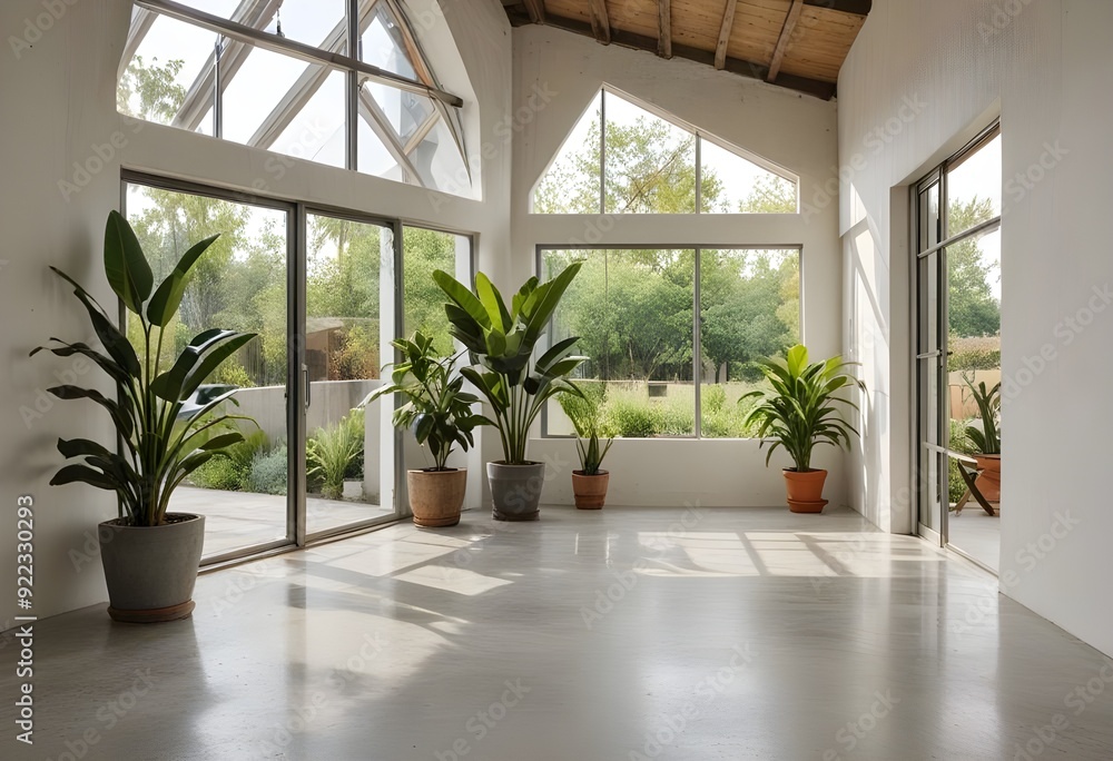 Obraz premium an empty room with plants and windows.