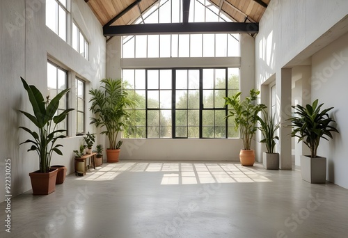 an empty room with plants and windows.