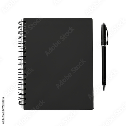 Isolated Black Notebook with Spiral Binding and Black Pen. photo