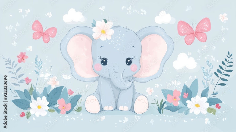A cute elephant with flowers and butterflies on a blue background, AI A cute elephant with flowers and butterflies on a blue background, AI
