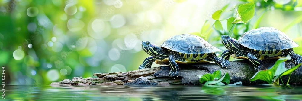 Obraz premium Two turtles resting on a log beside a serene water surface, surrounded by lush green foliage in a tranquil natural setting.