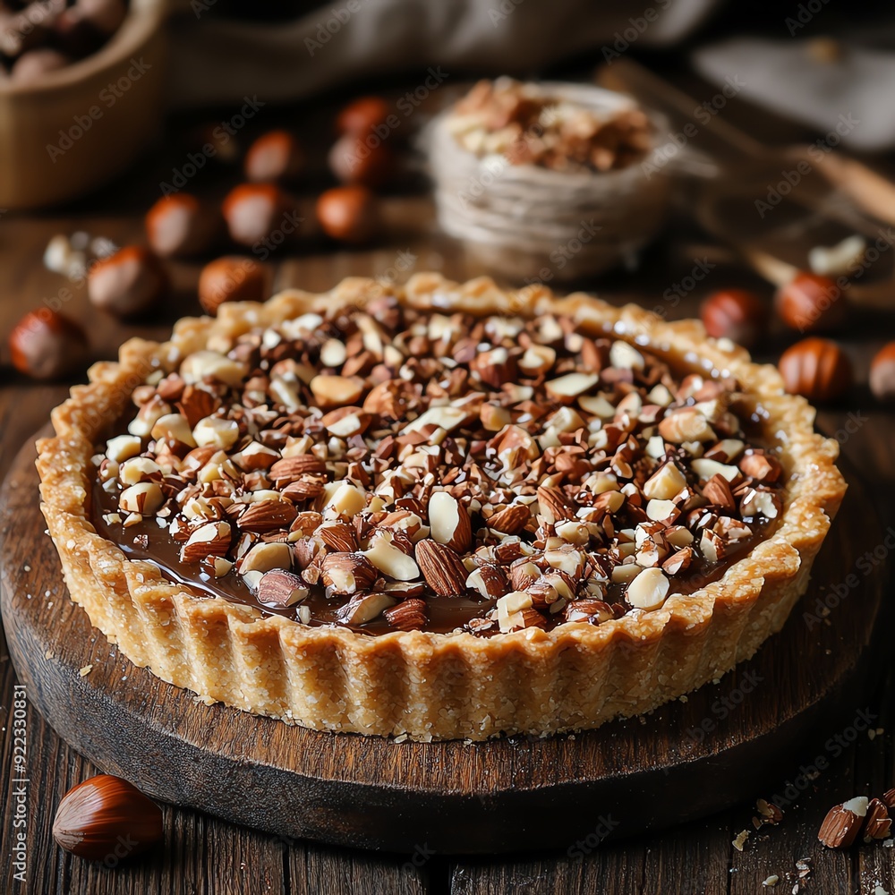 A rustic tart filled with gooey toffee and sprinkled with crushed hazelnuts and almonds on a wooden table, rustic tart nuts toffee, homemade dessert style A rustic tart filled with gooey toffee and sprinkled with crushed hazelnuts and almonds on a wooden table, rustic tart nuts toffee, homemade dessert style