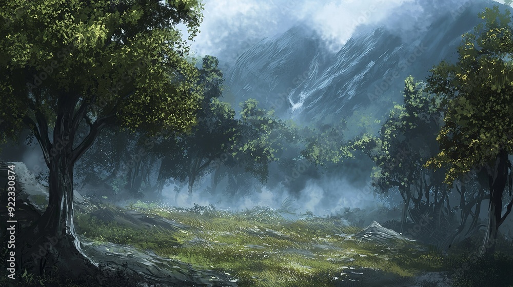 Sunlit Forest with Misty Mountains in the Background Sunlit Forest with Misty Mountains in the Background