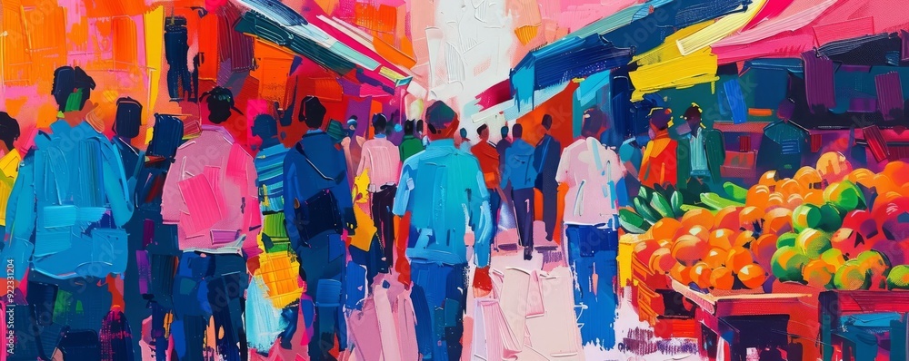 Fototapeta premium A market scene with people maintaining social distance, pop art, bold colors, dynamic