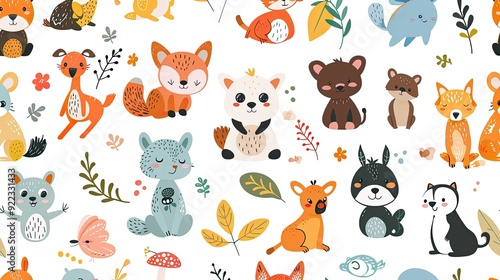 Cute Animal Pattern: A Delightful Illustration of Adorable Woodland Creatures