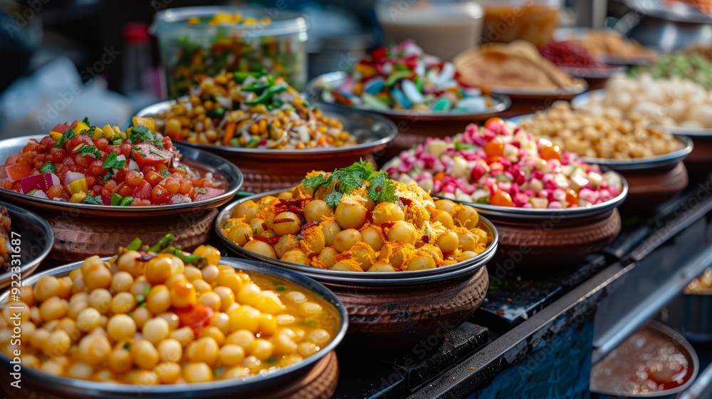 Close-up of spicy pani puri with flavored water and tamarind chutney, served from a traditional Indian street food cart Close-up of spicy pani puri with flavored water and tamarind chutney, served from a traditional Indian street food cart