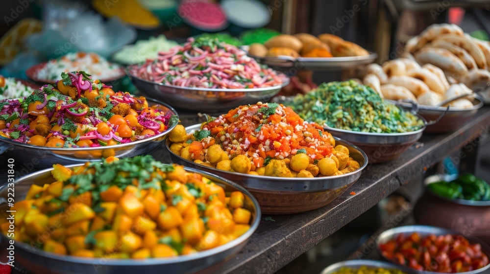 Close-up of spicy pani puri with flavored water and tamarind chutney, served from a traditional Indian street food cart Close-up of spicy pani puri with flavored water and tamarind chutney, served from a traditional Indian street food cart