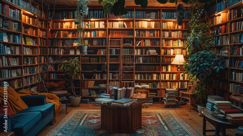 A podium in a cozy library setting, warm lighting, displaying book collections and reading accessories