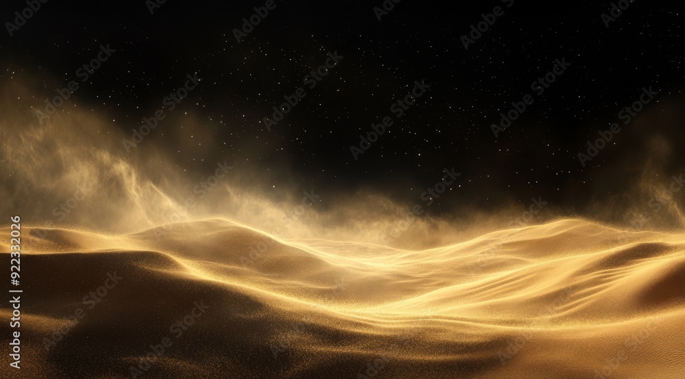 Fototapeta premium A breathtaking view of vast golden sand dunes fantastically illuminated under a serene starry night sky