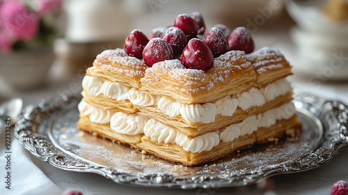 Millefeuille inspired cake with croissant pastry layers and bonbon decorations, served on a silver platter, millefeuille cake croissant bonbons, classic French dessert fusion photo