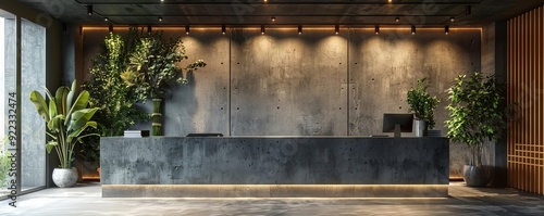 A podium with a minimalist concrete finish, industrial lighting, showcasing contemporary furniture
