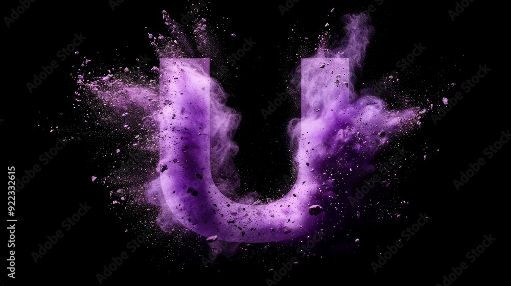 Purple powder explosion forming the letter U on a black background Purple powder explosion forming the letter U on a black background