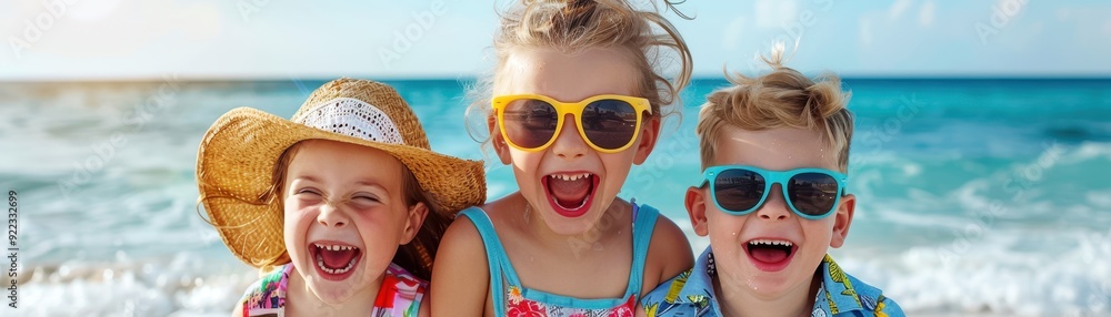 Three cheerful children wearing sunglasses enjoy a sunny day at the beach with a beautiful ocean backdrop. Three cheerful children wearing sunglasses enjoy a sunny day at the beach with a beautiful ocean backdrop.