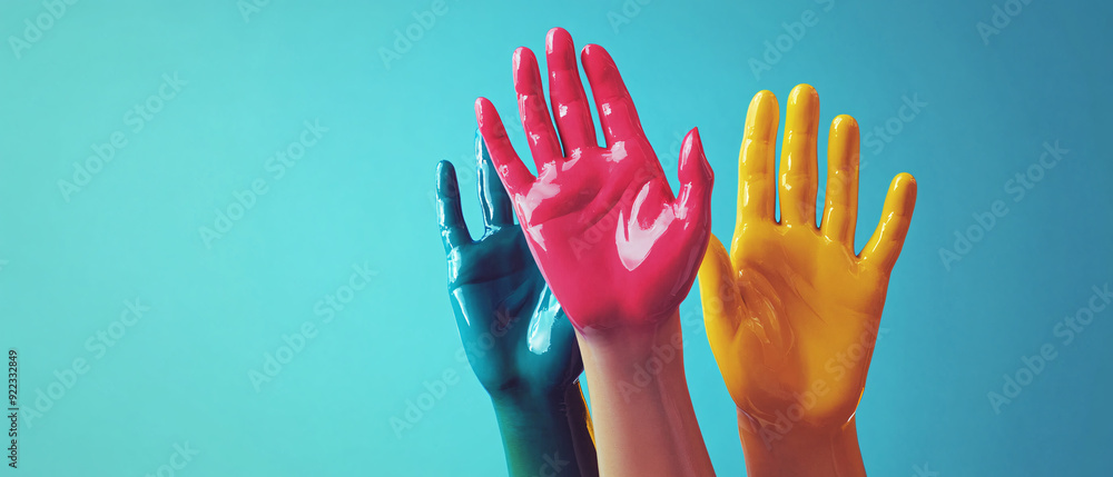 Colorful Hands Painted in Blue, Red, and Yellow Against a Turquoise Background, and Yellow Against a Turquo Colorful Hands Painted in Blue, Red, and Yellow Against a Turquoise Background, and Yellow Against a Turquo