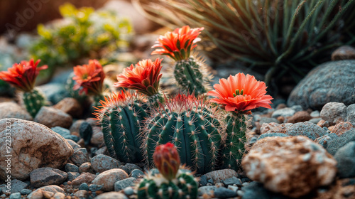 A close-up of a group of cacti with vibrant orange flowers blooming among rocky terrain.