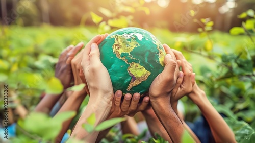 A group of diverse hands holding a globe, symbolizing global unity and environmental awareness in a natural setting.