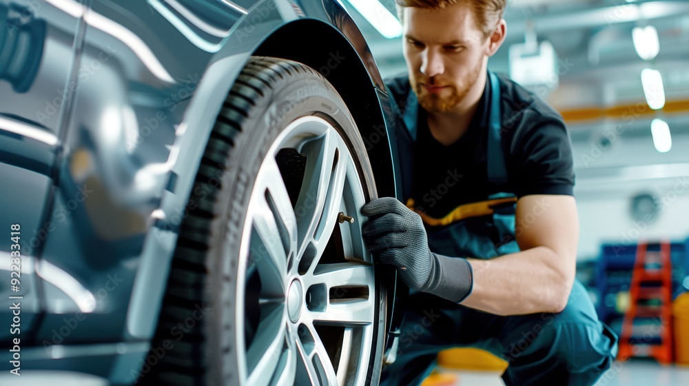 Mechanic checking a car tire in an auto repair shop. Professional service and maintenance for vehicles in a modern garage. Mechanic checking a car tire in an auto repair shop. Professional service and maintenance for vehicles in a modern garage.