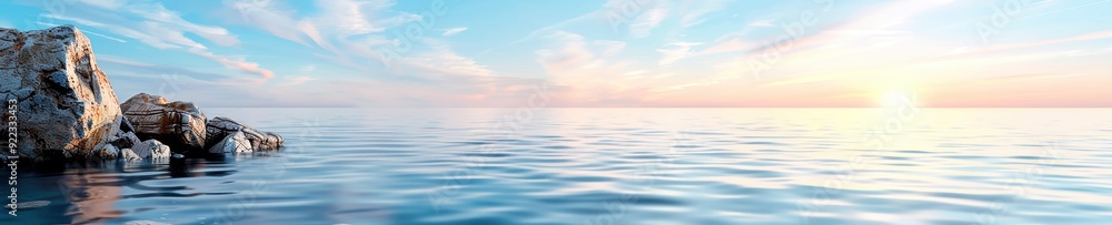 Obraz premium Beautiful panoramic view of a serene ocean during sunset with colorful sky, tranquil water, and rocky coastline, perfect for relaxing scenes.