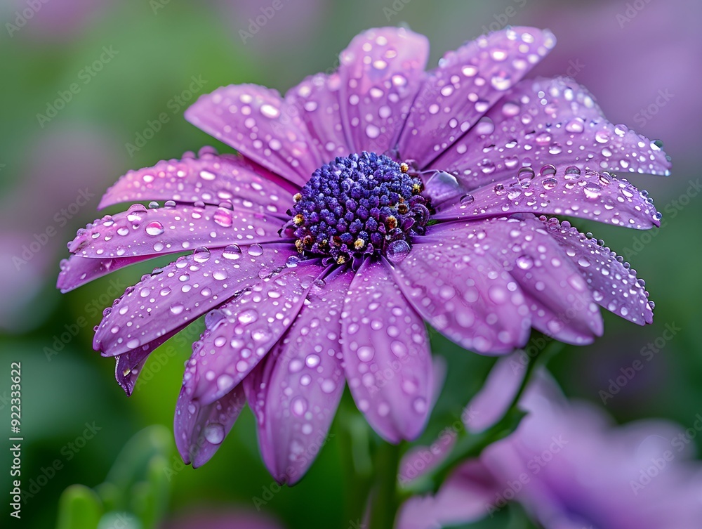 Purple flower with raindrops captured in a garden during early morning Purple flower with raindrops captured in a garden during early morning