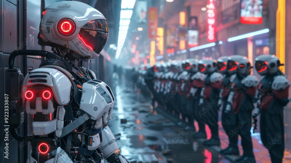 Obraz premium A robot distributing food to a line of impoverished people, futuristic, neon lights, high detail