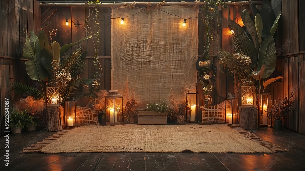 Obraz premium A rustic podium with burlap and twine accents, warm lighting, showcasing handmade crafts