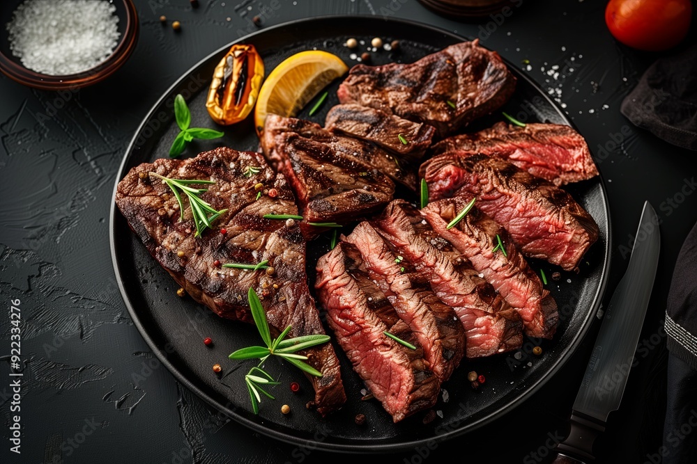 A juicy plate of grilled beef steaks, a grilled BBQ concept A juicy plate of grilled beef steaks, a grilled BBQ concept