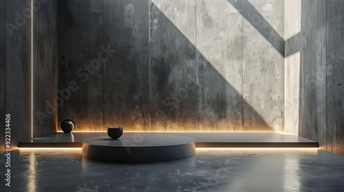 A sleek metal podium with a matte finish, industrial lighting, showcasing modern home decor