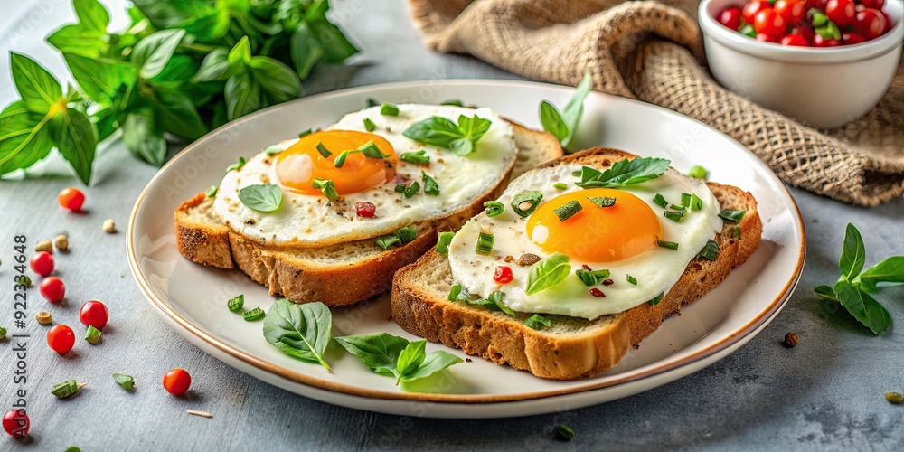 Plate of two eggs on toast with parsley, basil and pepper, food, breakfast, eggs, toast, plate, parsley, basil, pepper Plate of two eggs on toast with parsley, basil and pepper, food, breakfast, eggs, toast, plate, parsley, basil, pepper