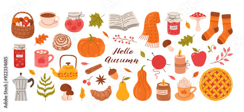Cozy hand drawn autumn elements. Cute fall stickers, scarf, candles, hot cocoa, socks, pie, pumpkin spice latte, mug, jam, leaves, mushrooms. Vector flat illustration. Perfect for scrapbooking.